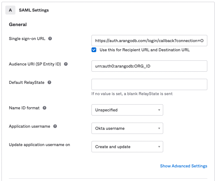 ArangoGraph Okta SAML General Settings