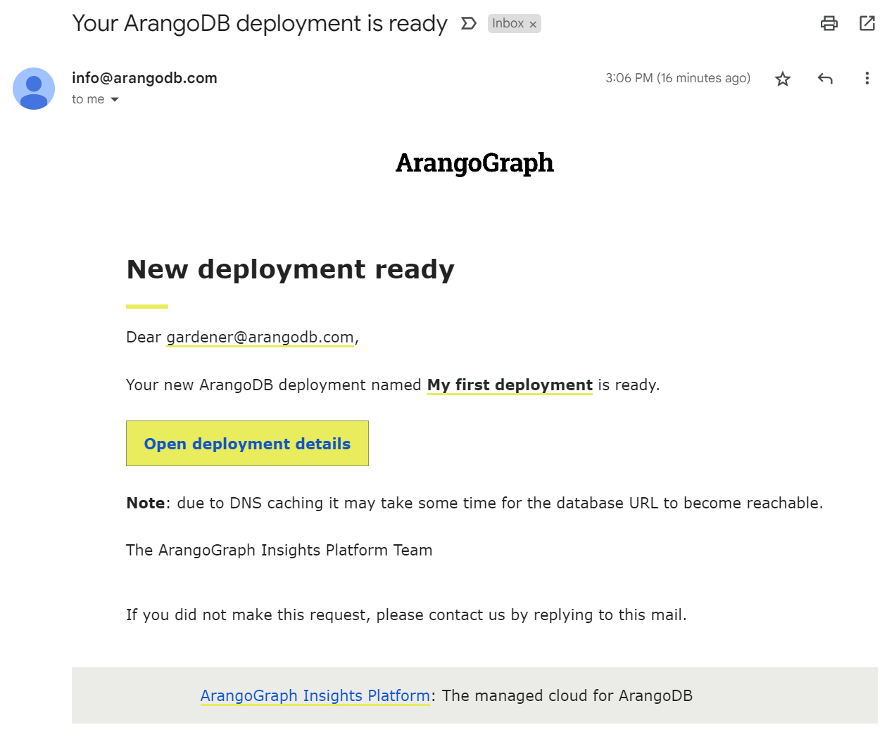 ArangoGraph Deployment Ready Email